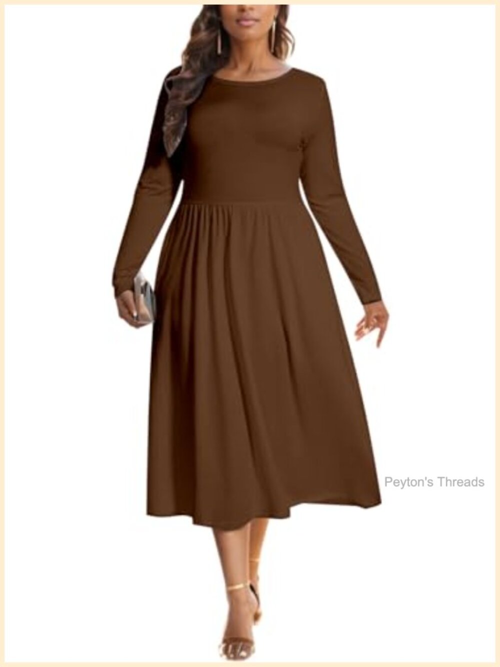 Women's Casual Maxi Dress Long Sleeve Crew Neck Flowy Pleated Swing with Pockets